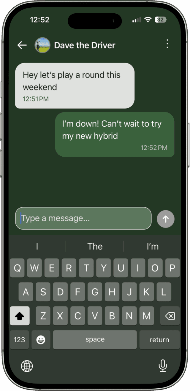 MatchPlay chat screen showing conversation between golfers