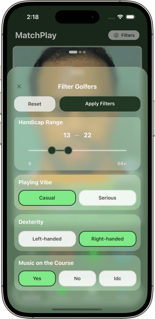 MatchPlay filter screen with handicap range, playing vibe, and preferences
