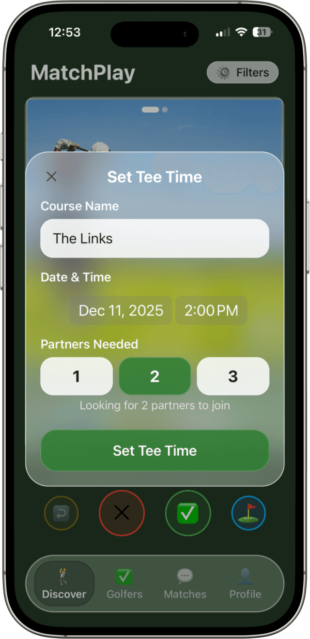 MatchPlay set tee time screen with course, date, and partner selection