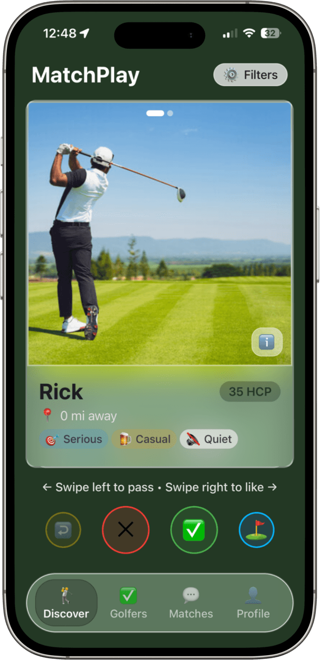 MatchPlay discover screen showing nearby golfer profiles